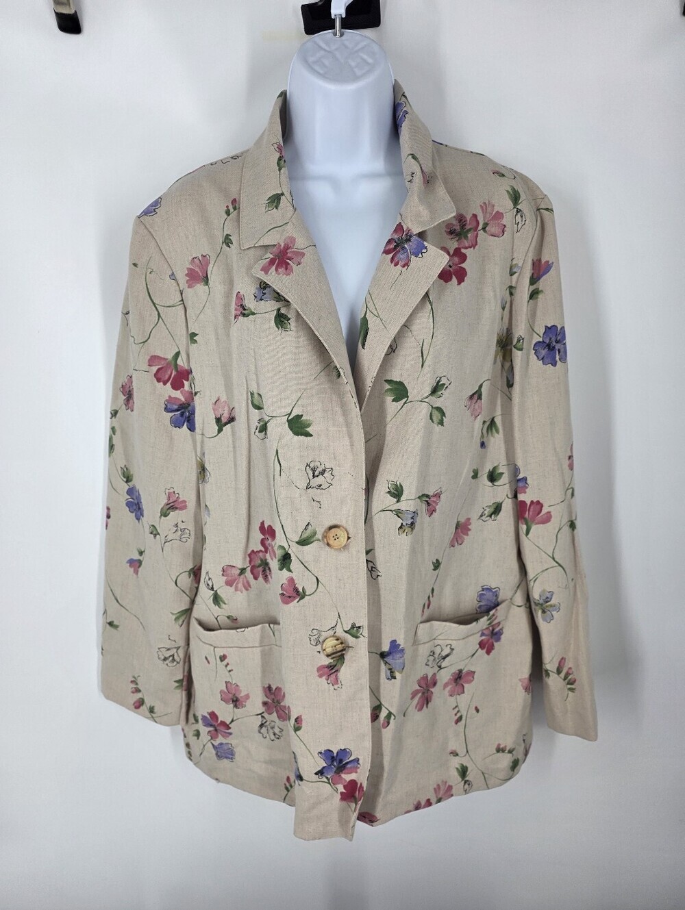 Vintage Alfred Dunner Floral Linen Blend Blazer Jacket 10 Beige Grandmacore